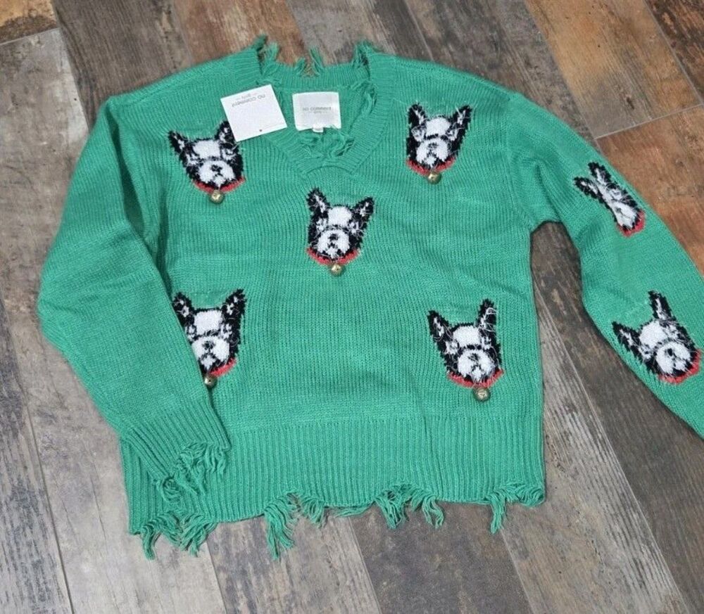 No Comment Girls Boston Terrier Bell Green Ugly Sweater Large (14) NWT B9